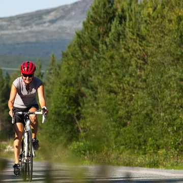 Två landsvägscyklister med fjäll i bakgrunden